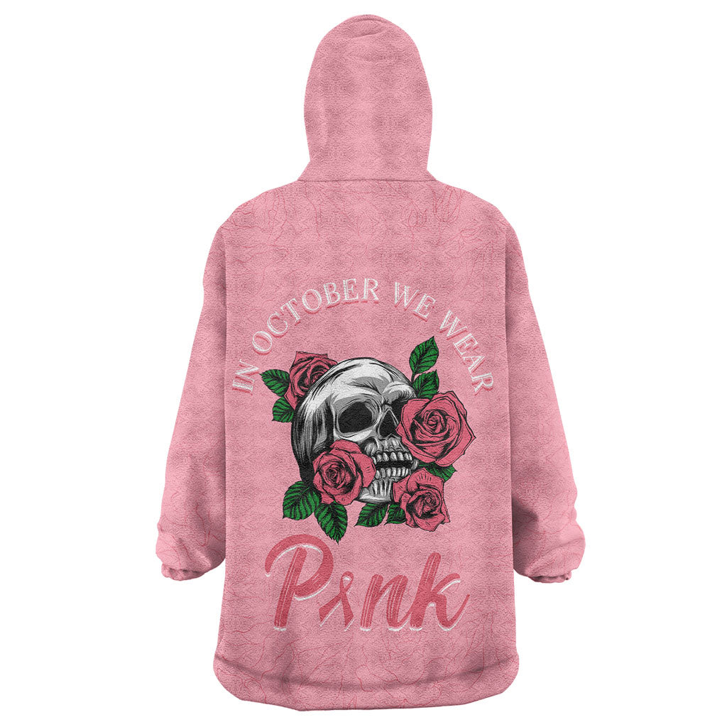 In October We Wear Pink Wearable Blanket Hoodie Skull and Roses - Pink