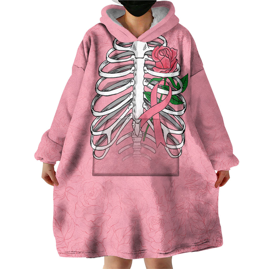 In October We Wear Pink Wearable Blanket Hoodie Skull and Roses - Pink