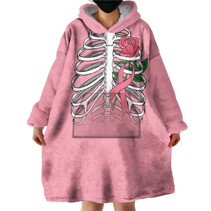In October We Wear Pink Wearable Blanket Hoodie Skull and Roses - Pink