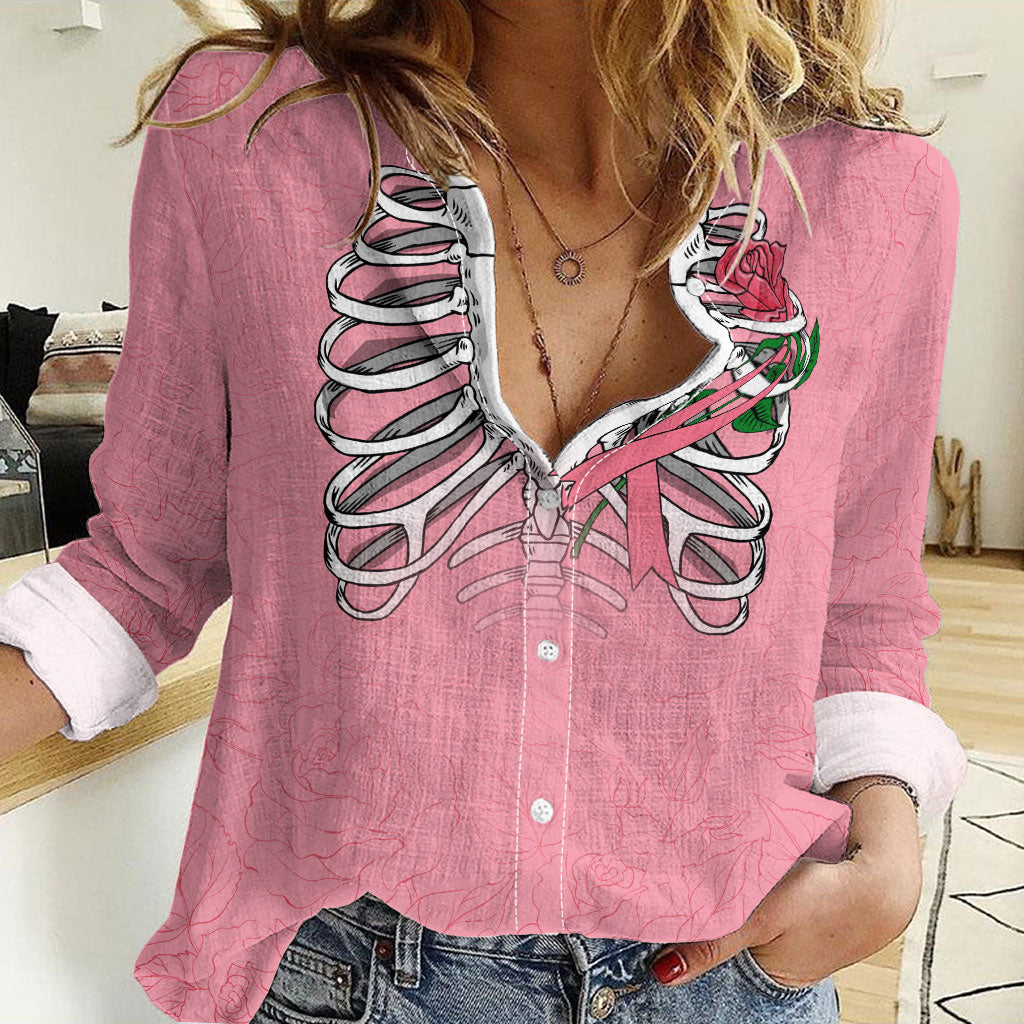 In October We Wear Pink Women Casual Shirt Skull and Roses - Pink