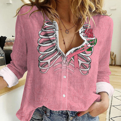 In October We Wear Pink Women Casual Shirt Skull and Roses - Pink
