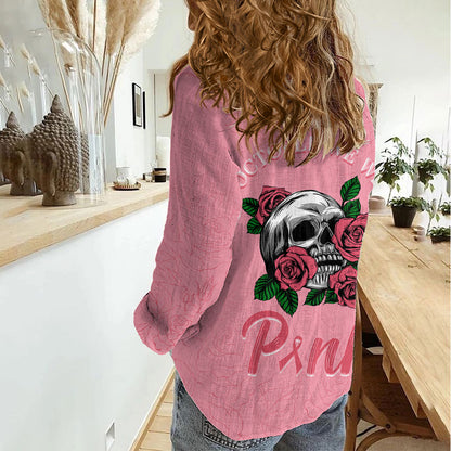 In October We Wear Pink Women Casual Shirt Skull and Roses - Pink