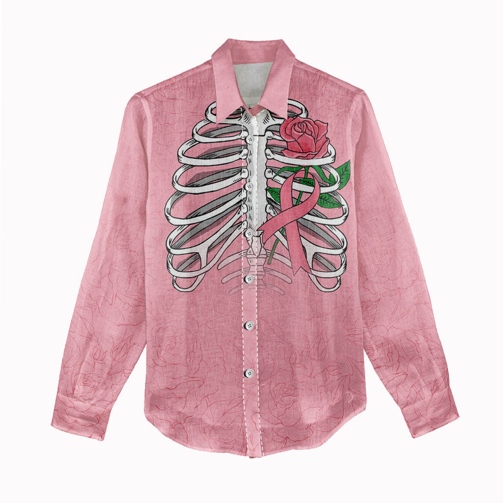 In October We Wear Pink Women Casual Shirt Skull and Roses - Pink