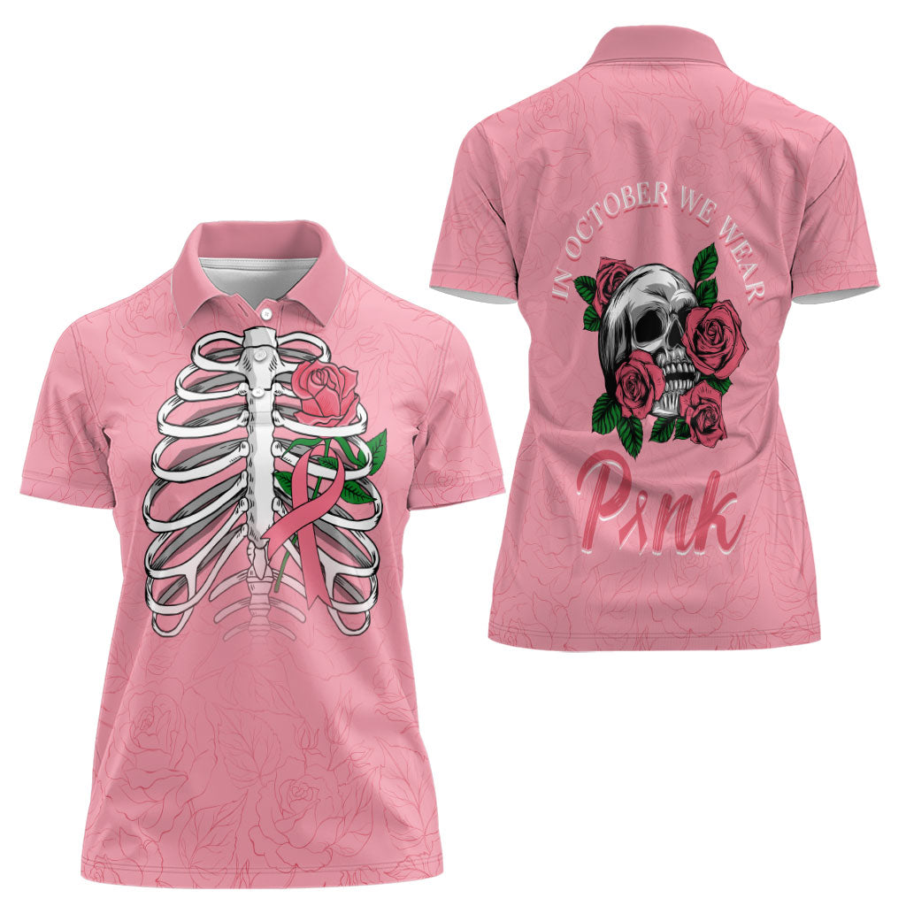 In October We Wear Pink Women Polo Shirt Skull and Roses - Pink