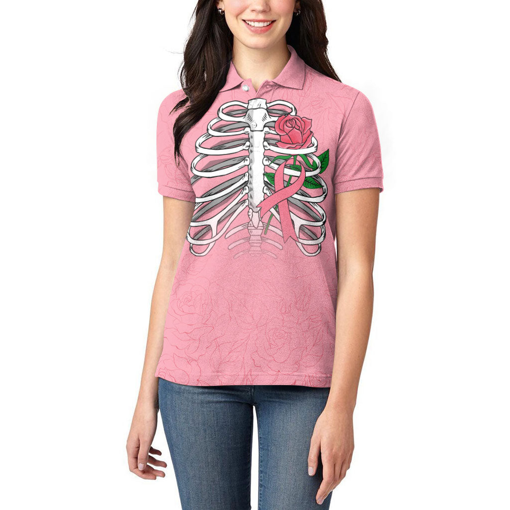 In October We Wear Pink Women Polo Shirt Skull and Roses - Pink