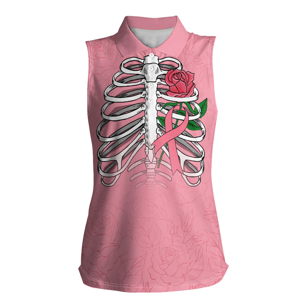 In October We Wear Pink Women Sleeveless Polo Shirt Skull and Roses - Pink