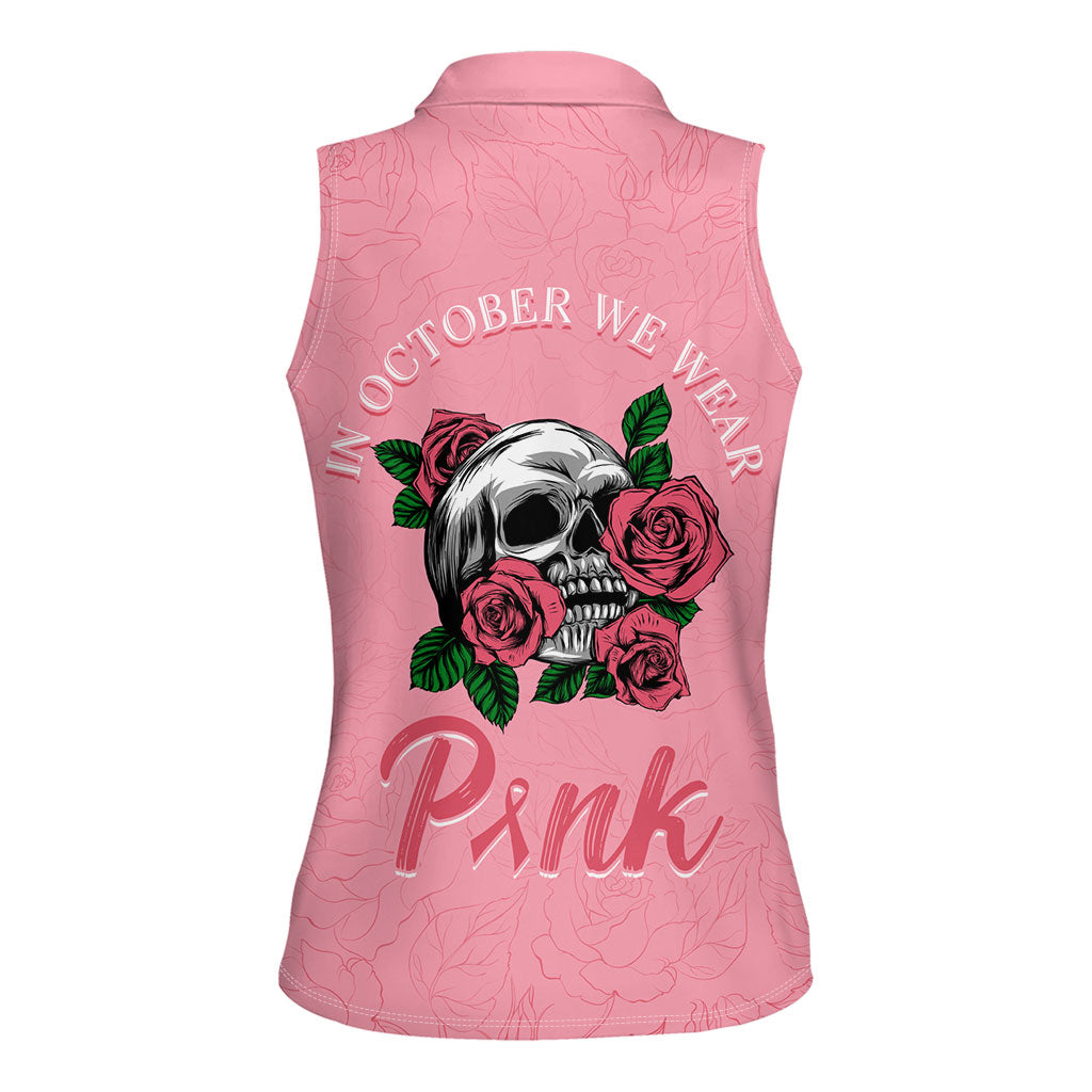 In October We Wear Pink Women Sleeveless Polo Shirt Skull and Roses - Pink