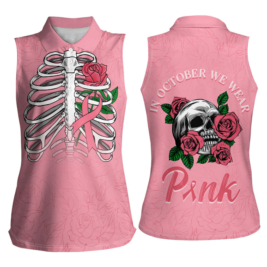 In October We Wear Pink Women Sleeveless Polo Shirt Skull and Roses - Pink