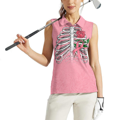 In October We Wear Pink Women Sleeveless Polo Shirt Skull and Roses - Pink