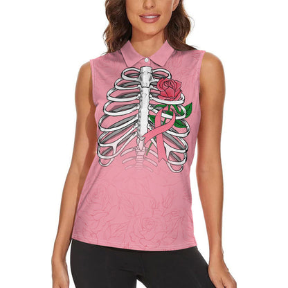 In October We Wear Pink Women Sleeveless Polo Shirt Skull and Roses - Pink