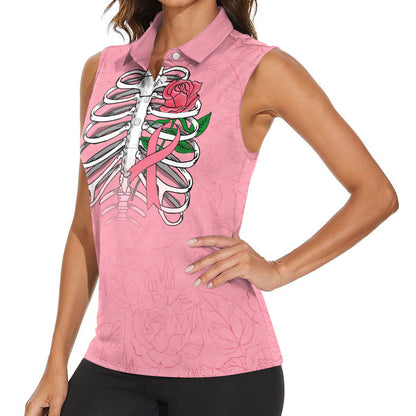In October We Wear Pink Women Sleeveless Polo Shirt Skull and Roses - Pink