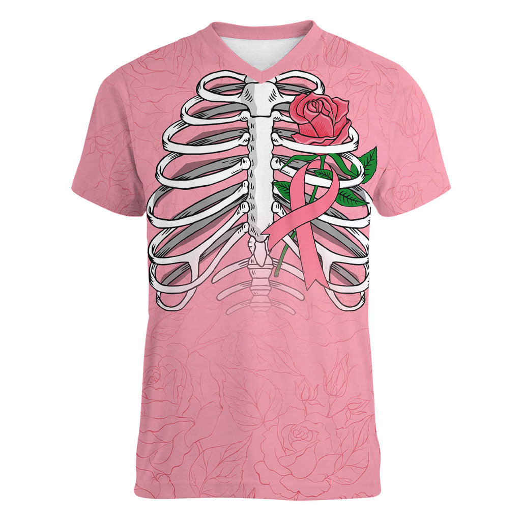 In October We Wear Pink Women V-Neck T-Shirt Skull and Roses - Pink