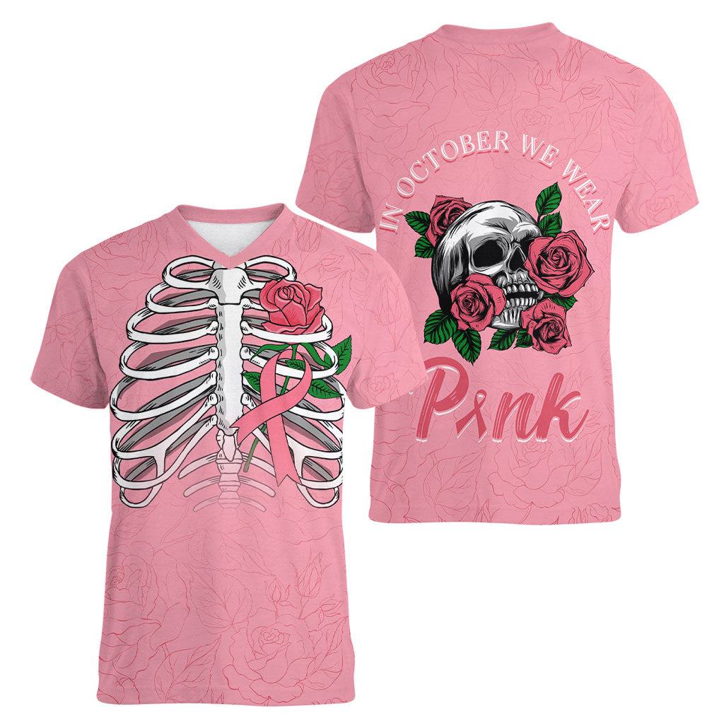 In October We Wear Pink Women V-Neck T-Shirt Skull and Roses - Pink