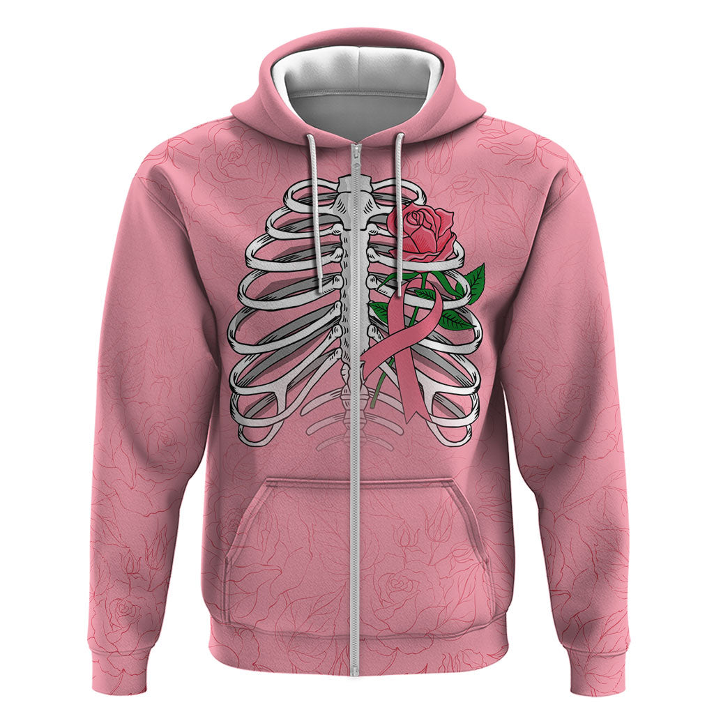 In October We Wear Pink Zip Hoodie Skull and Roses - Pink