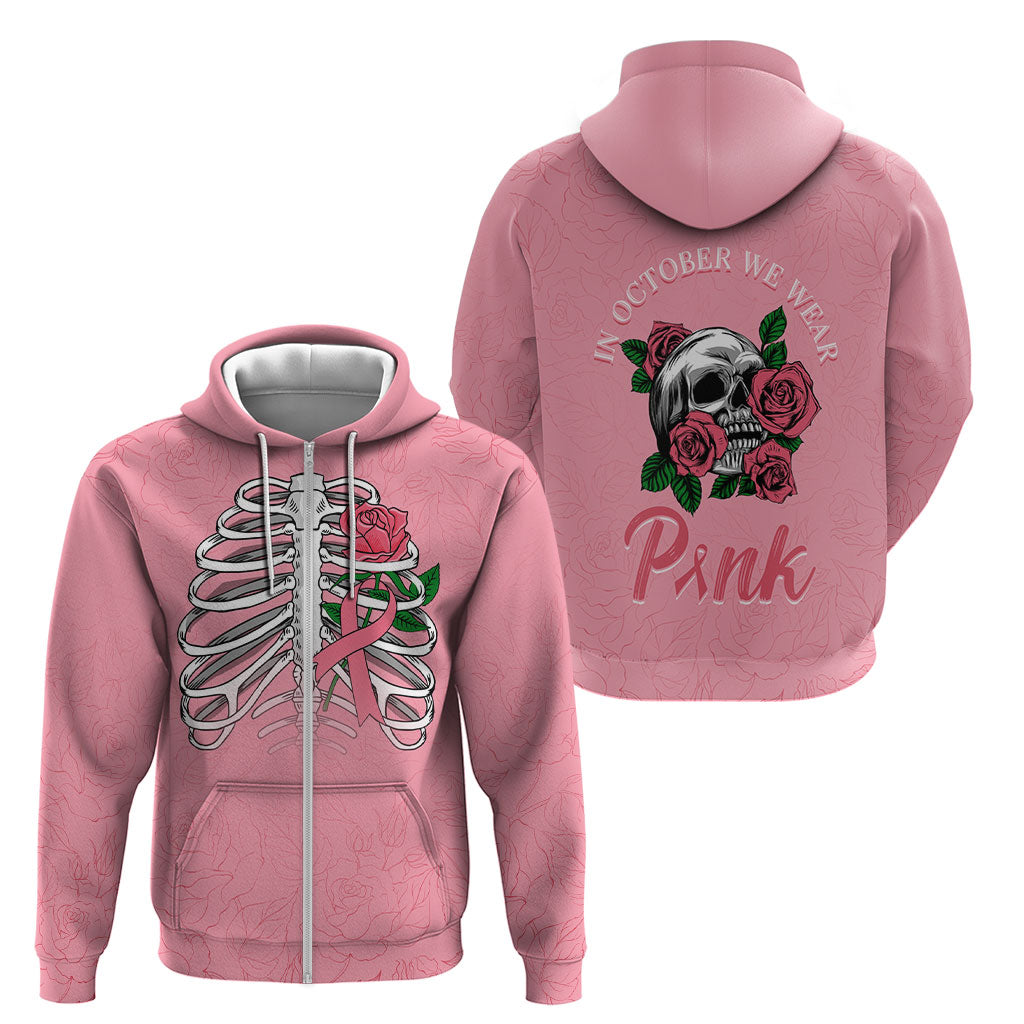 In October We Wear Pink Zip Hoodie Skull and Roses - Pink