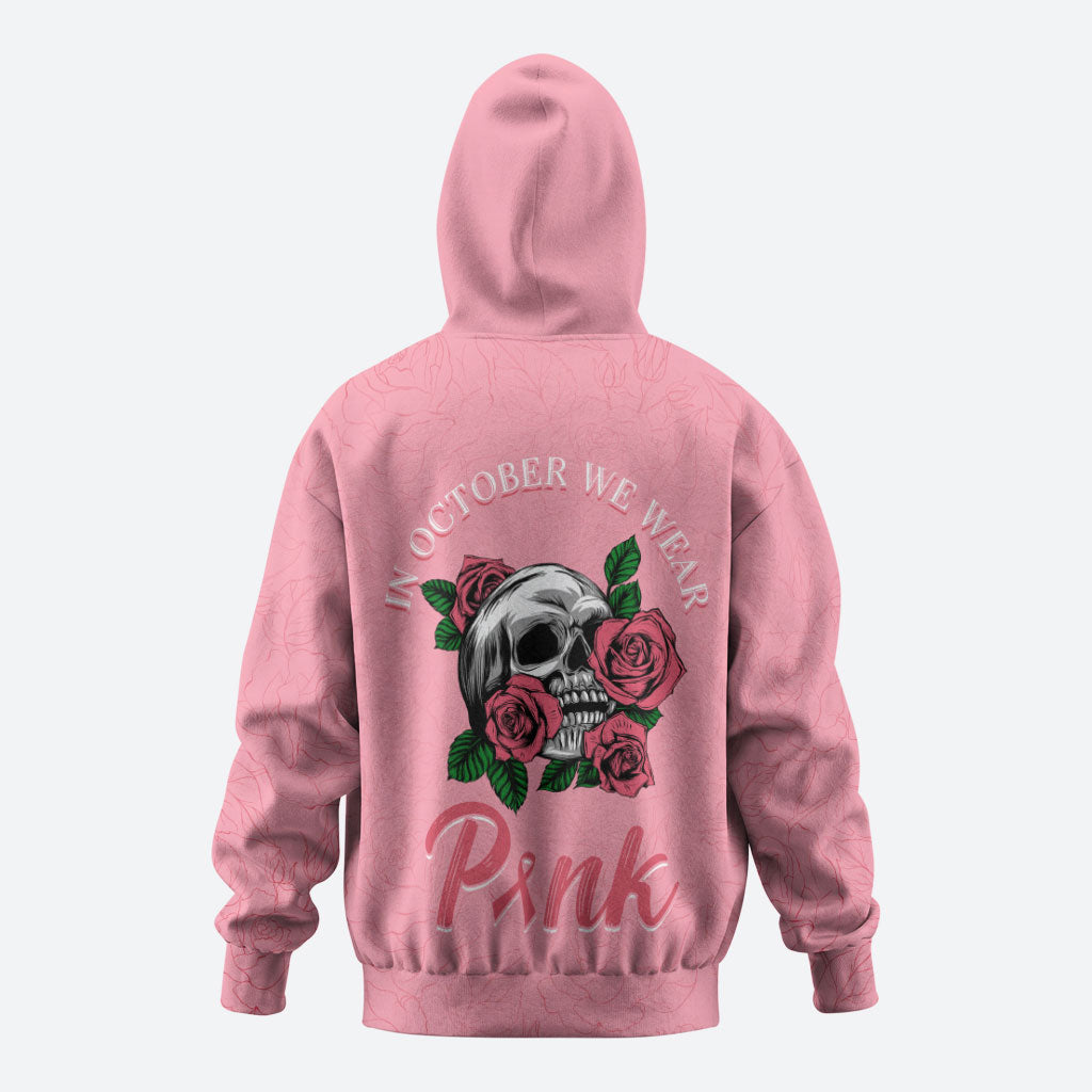 In October We Wear Pink Zip Hoodie Skull and Roses - Pink