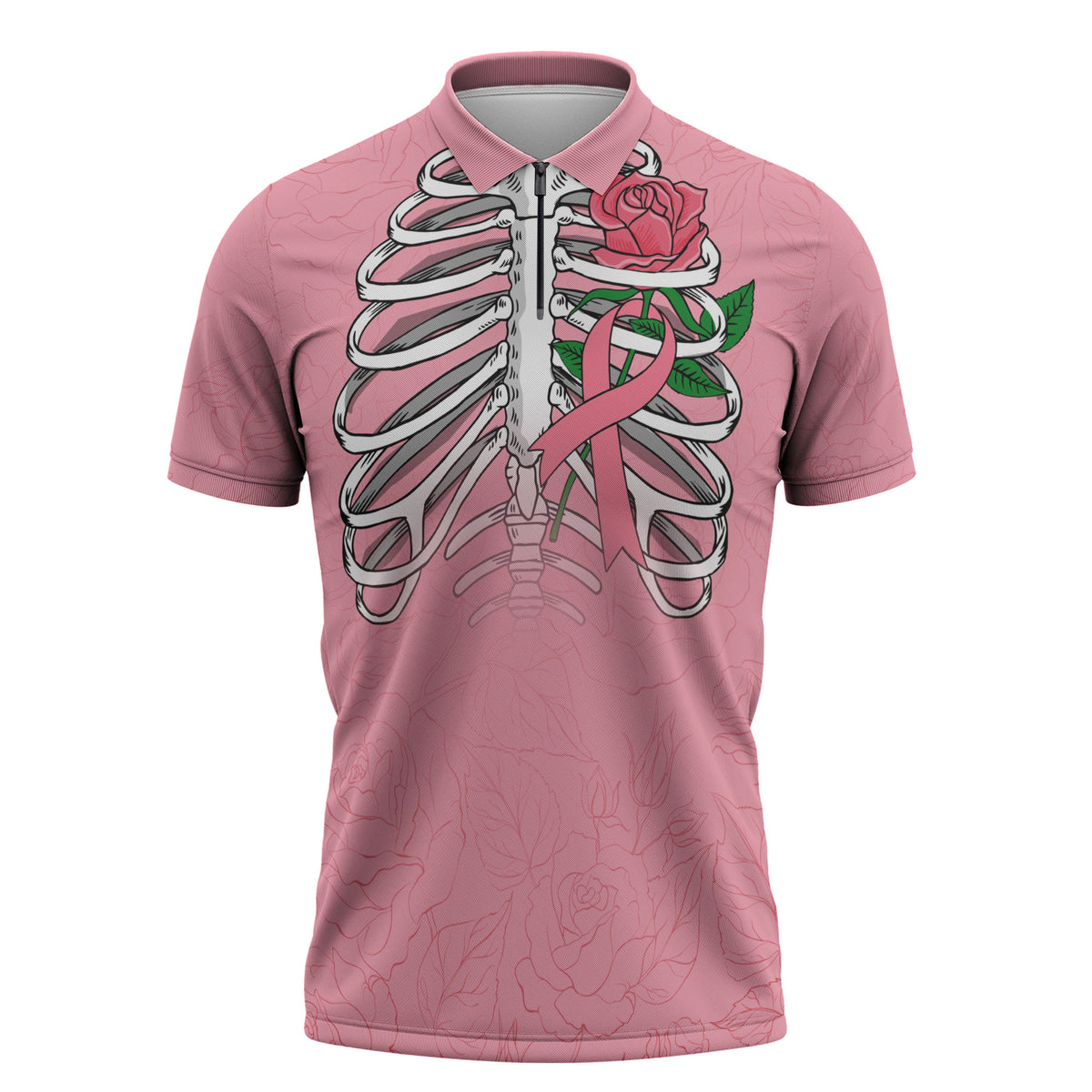 In October We Wear Pink Zipper Polo Shirt Skull and Roses - Pink
