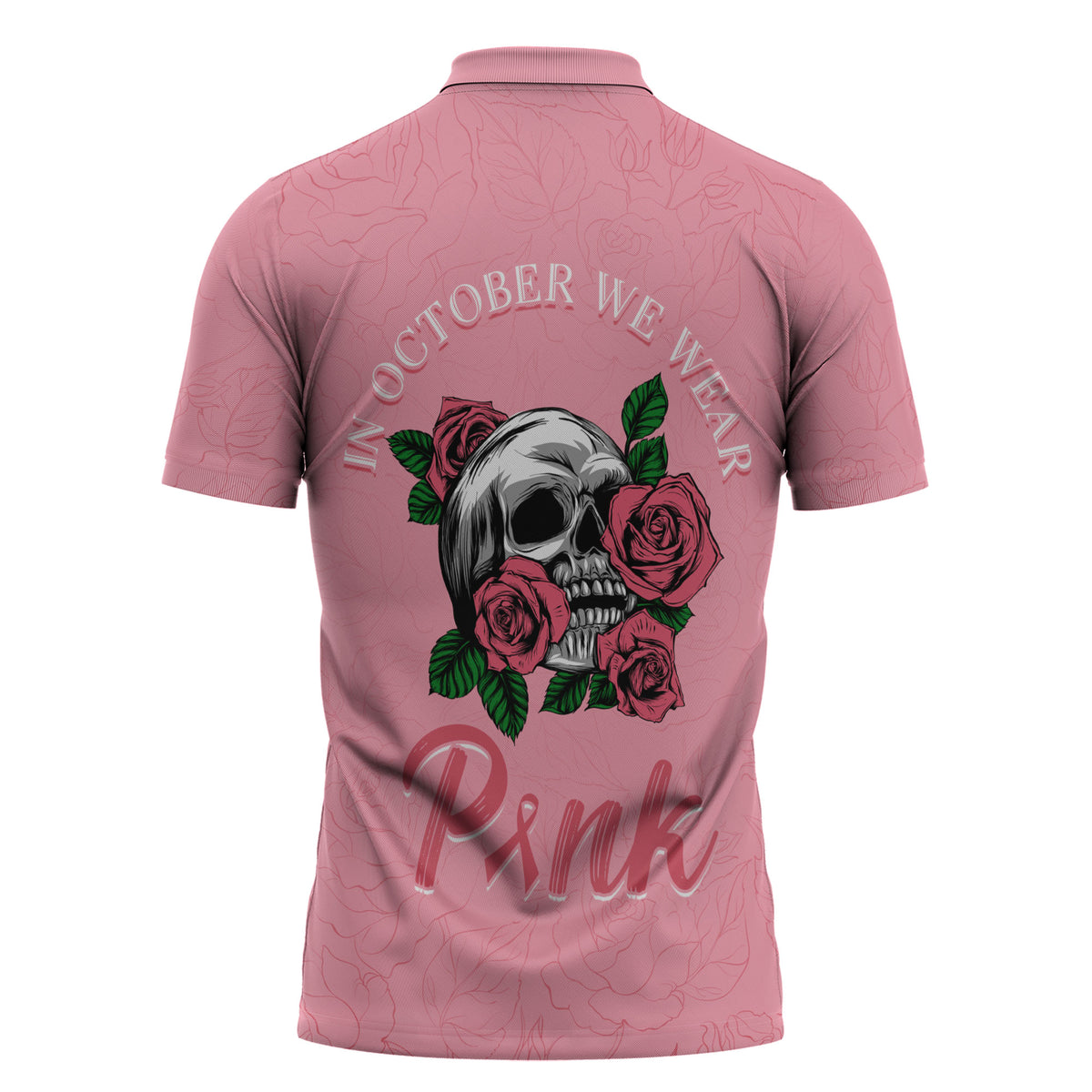 In October We Wear Pink Zipper Polo Shirt Skull and Roses - Pink