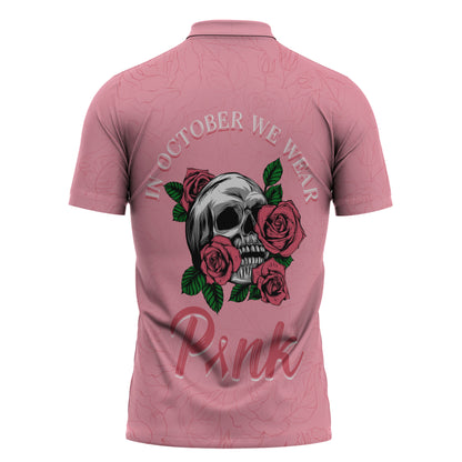 In October We Wear Pink Zipper Polo Shirt Skull and Roses - Pink