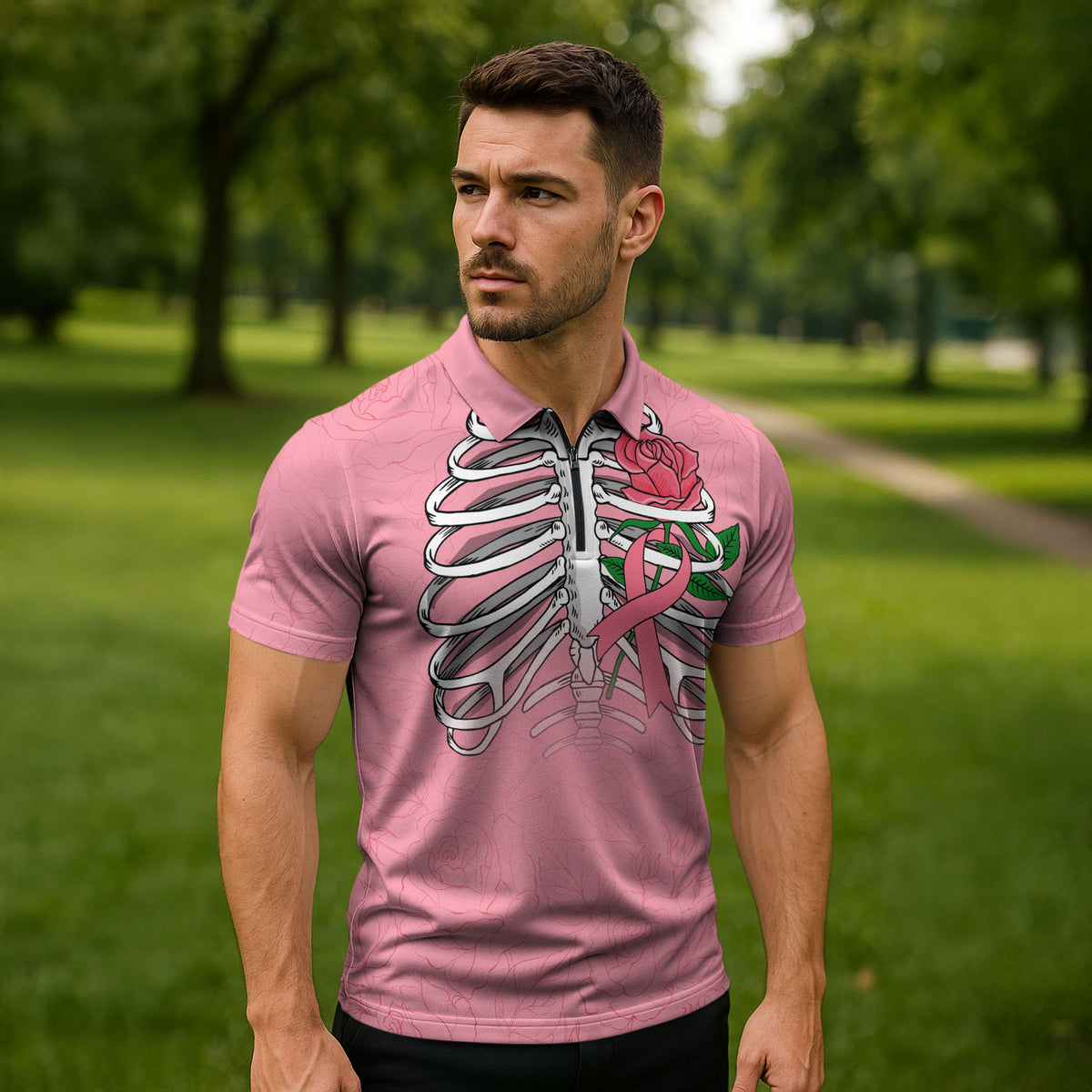 In October We Wear Pink Zipper Polo Shirt Skull and Roses - Pink