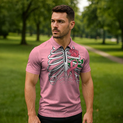 In October We Wear Pink Zipper Polo Shirt Skull and Roses - Pink