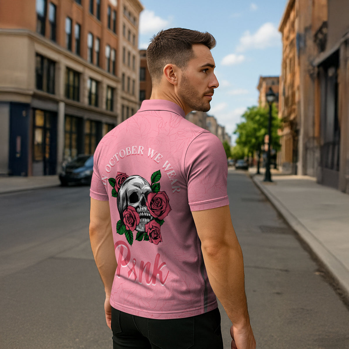 In October We Wear Pink Zipper Polo Shirt Skull and Roses - Pink