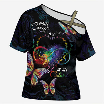 Fight Cancer In All Colors Personalized Cross Shoulder Shirt Whimsical Butterflies