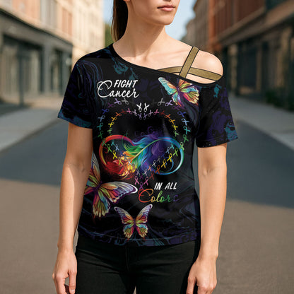 Fight Cancer In All Colors Personalized Cross Shoulder Shirt Whimsical Butterflies