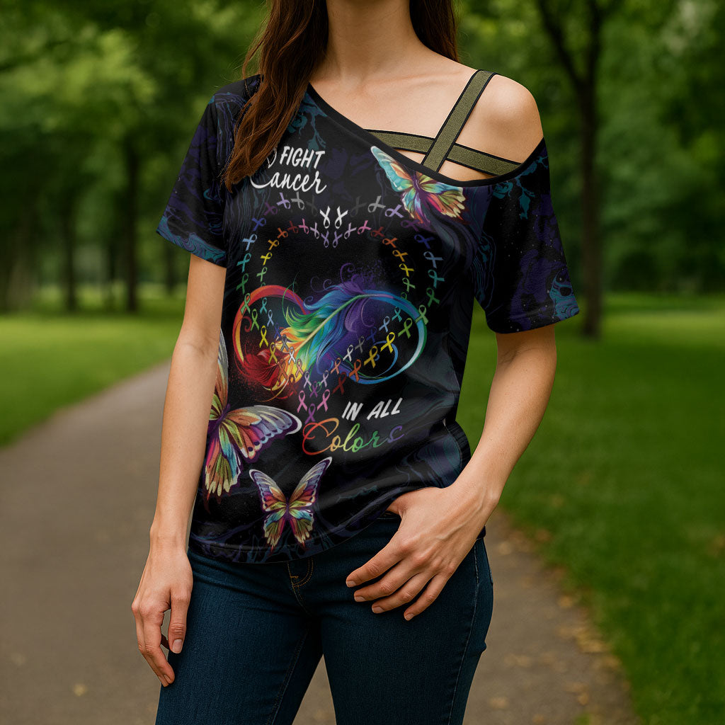 Fight Cancer In All Colors Personalized Cross Shoulder Shirt Whimsical Butterflies