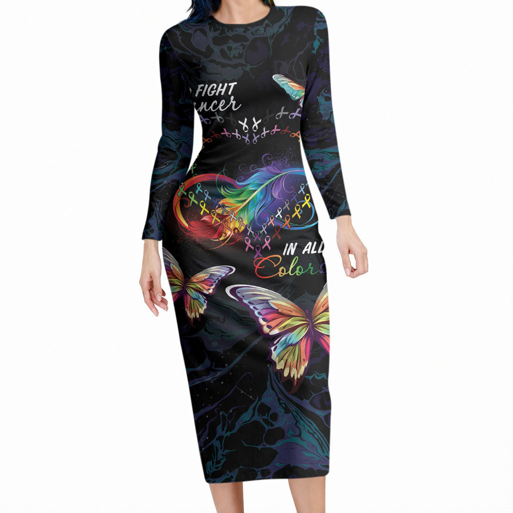 Fight Cancer In All Colors Personalized Long Sleeve Bodycon Dress Whimsical Butterflies