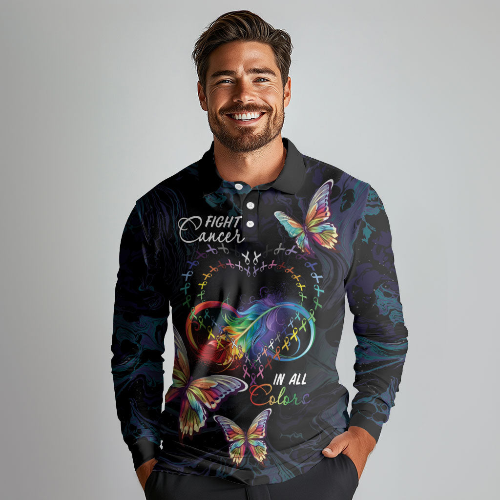 Fight Cancer In All Colors Personalized Long Sleeve Polo Shirt Whimsical Butterflies