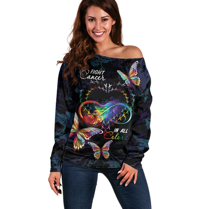 Fight Cancer In All Colors Personalized Off Shoulder Sweater Whimsical Butterflies