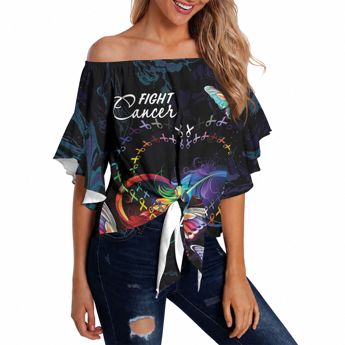 Fight Cancer In All Colors Personalized Off Shoulder Wrap Waist Top Whimsical Butterflies