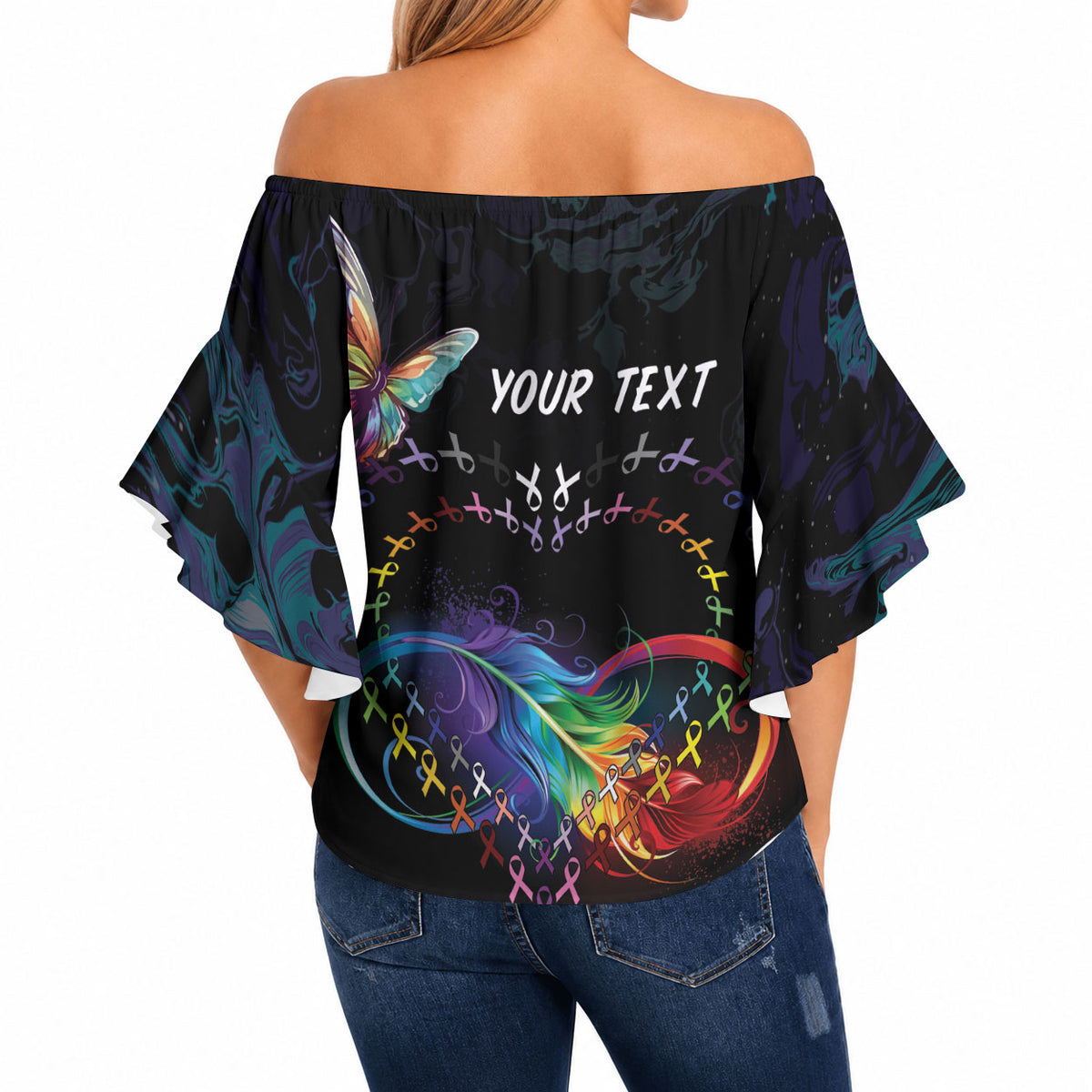 Fight Cancer In All Colors Personalized Off Shoulder Wrap Waist Top Whimsical Butterflies