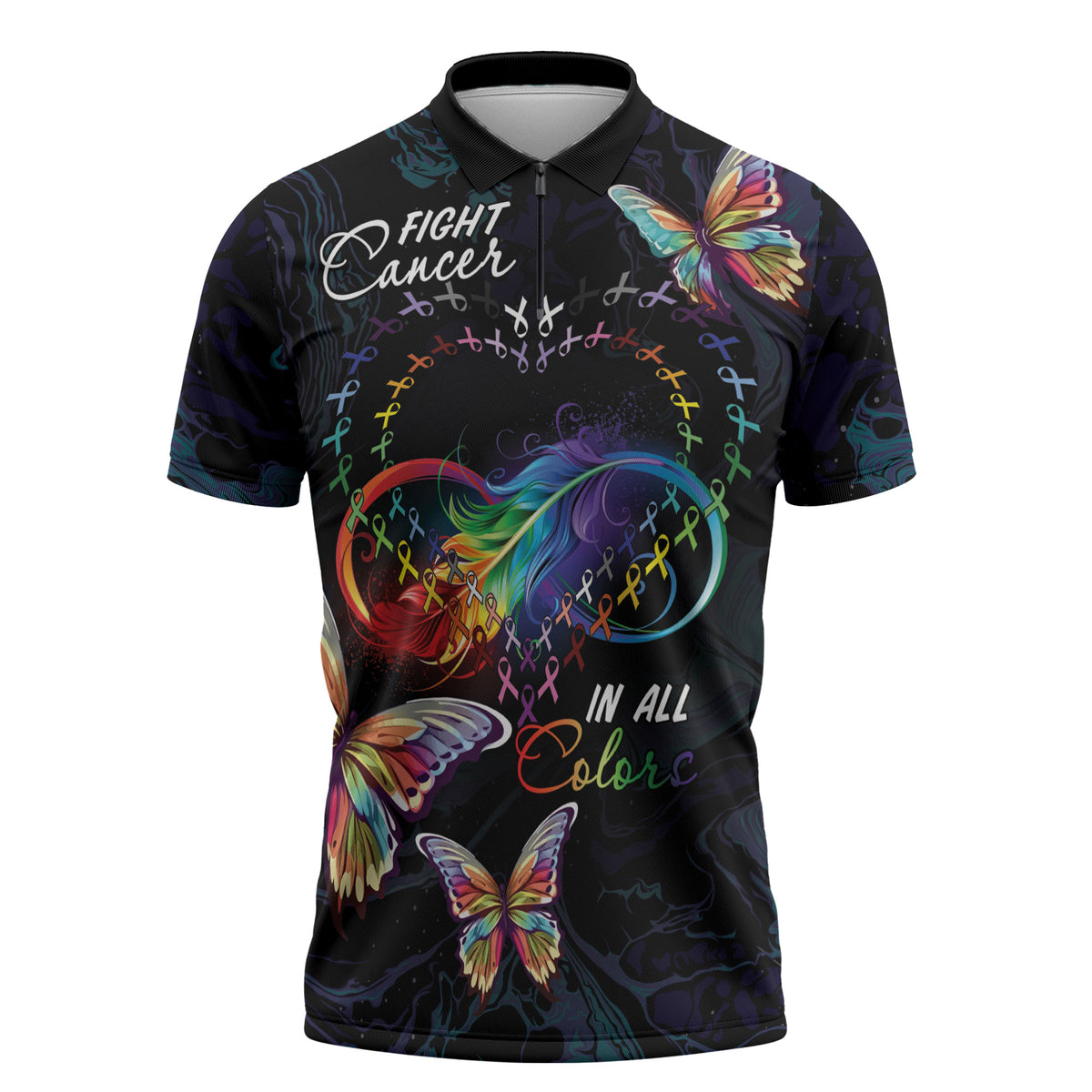 Fight Cancer In All Colors Personalized Zipper Polo Shirt Whimsical Butterflies