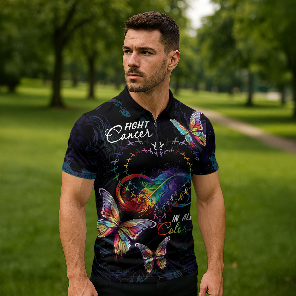 Fight Cancer In All Colors Personalized Zipper Polo Shirt Whimsical Butterflies