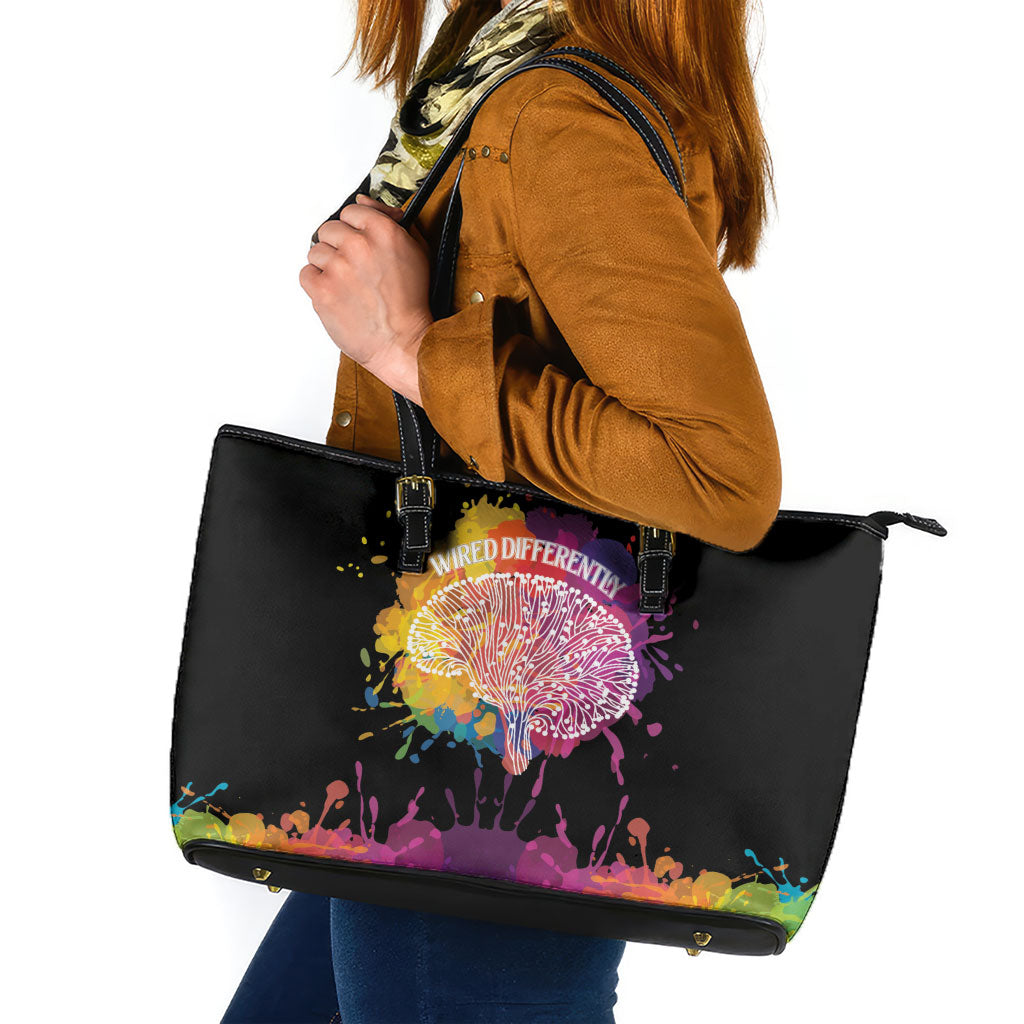 Autism Wired Differently Colors Splash Leather Tote Bag