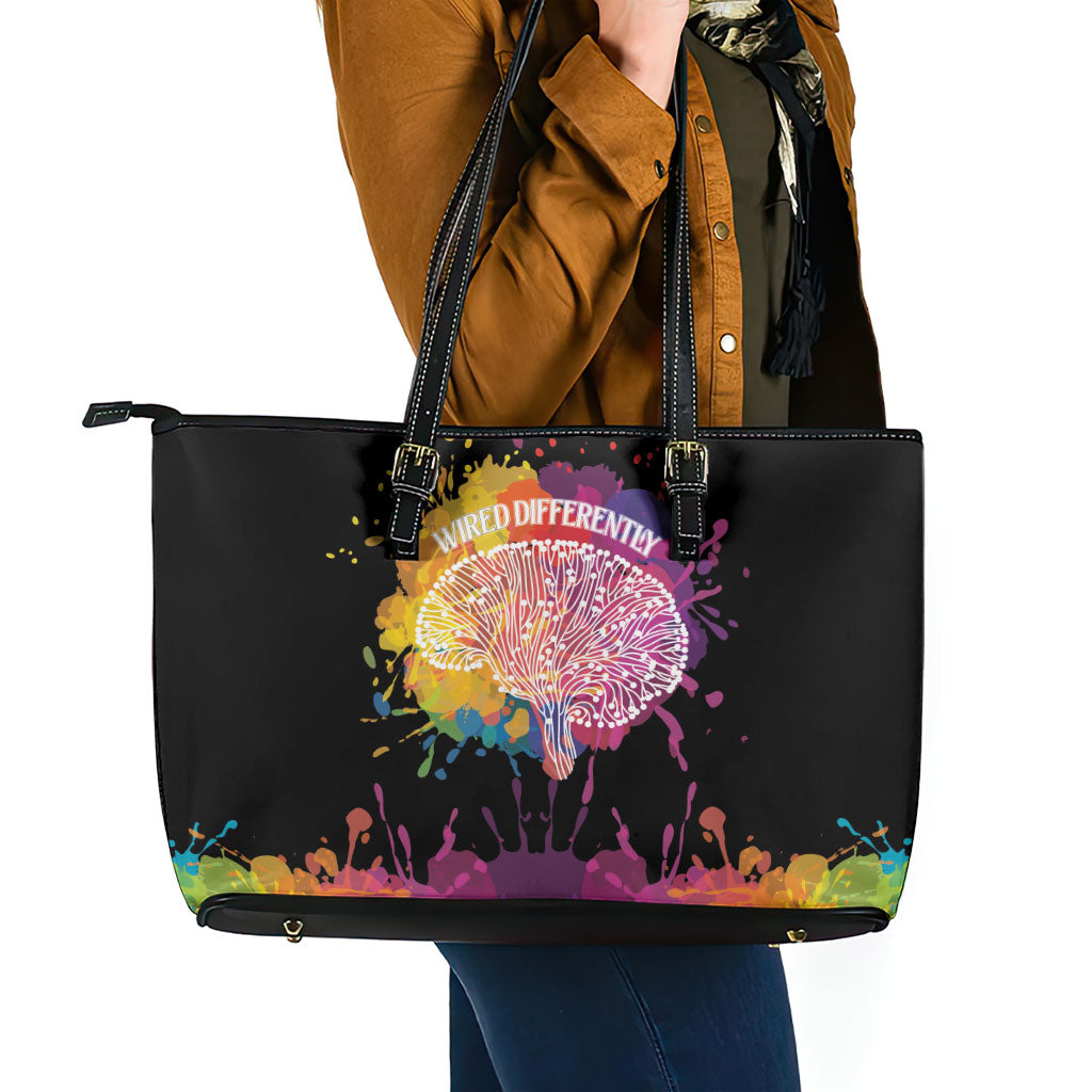 Autism Wired Differently Colors Splash Leather Tote Bag