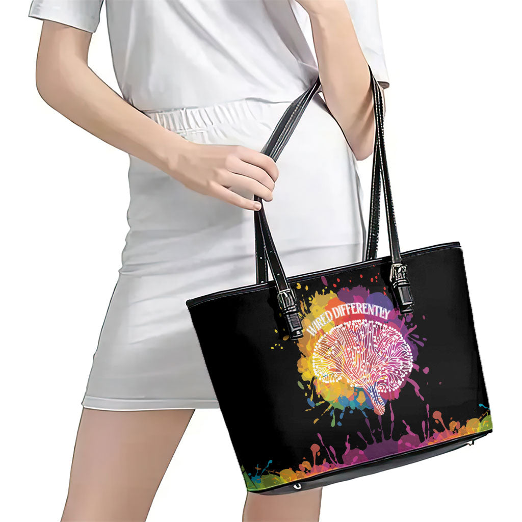 Autism Wired Differently Colors Splash Leather Tote Bag