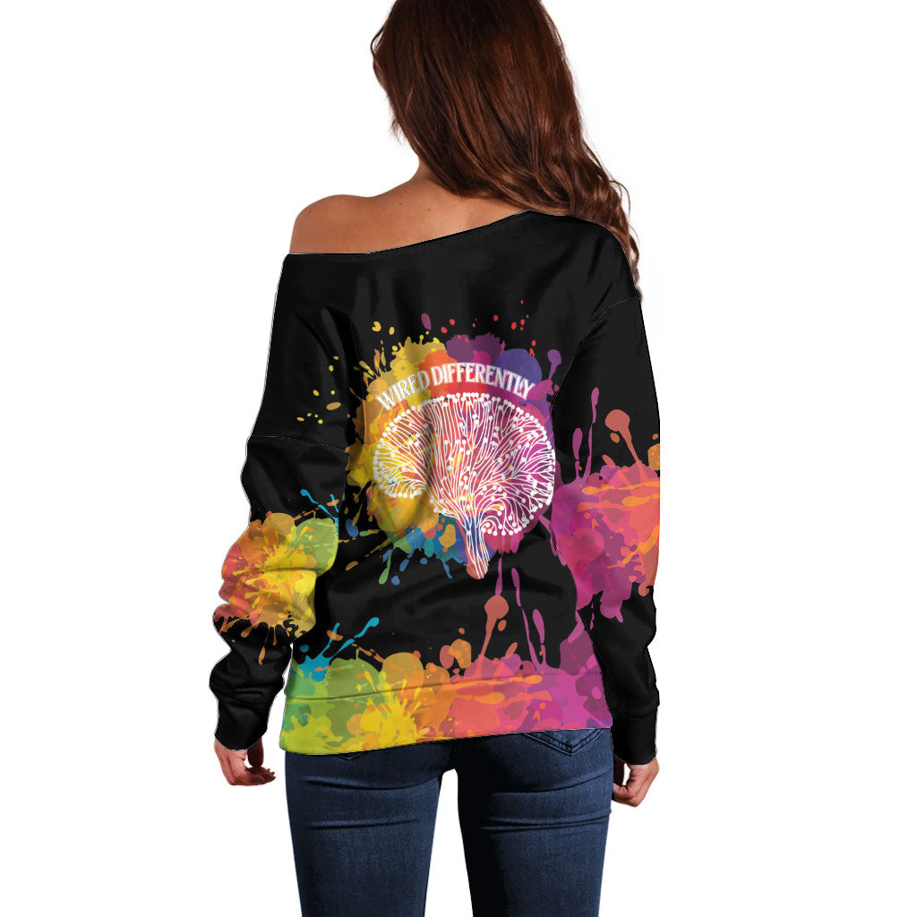 Autism Wired Differently Colors Splash Off Shoulder Sweater