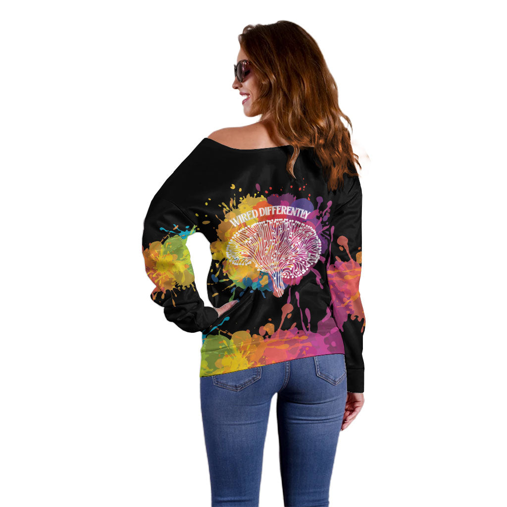 Autism Wired Differently Colors Splash Off Shoulder Sweater
