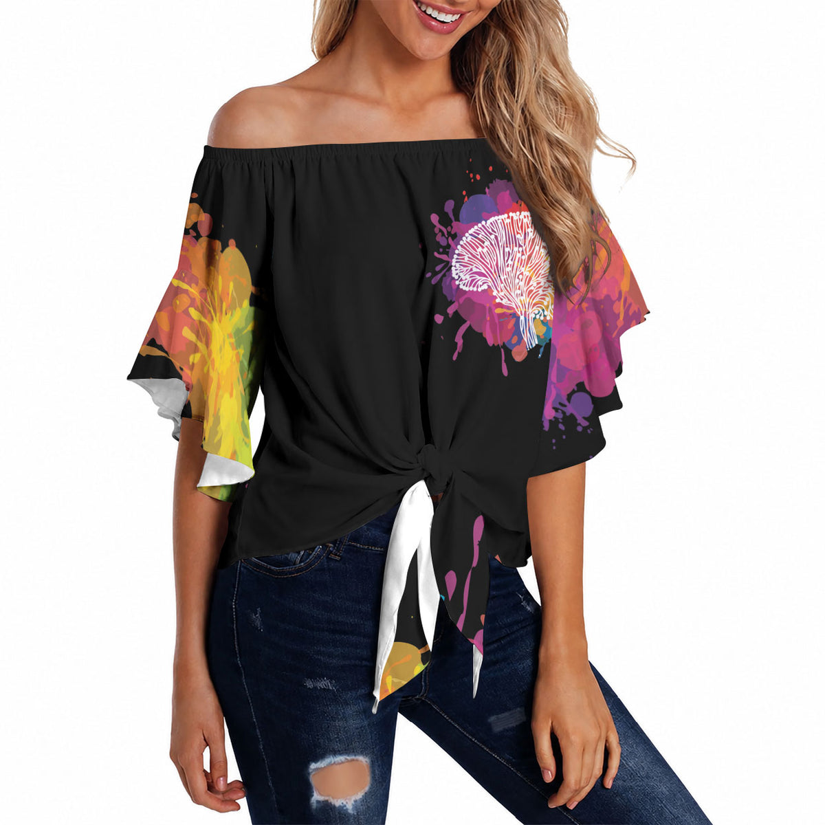 Autism Wired Differently Colors Splash Off Shoulder Wrap Waist Top