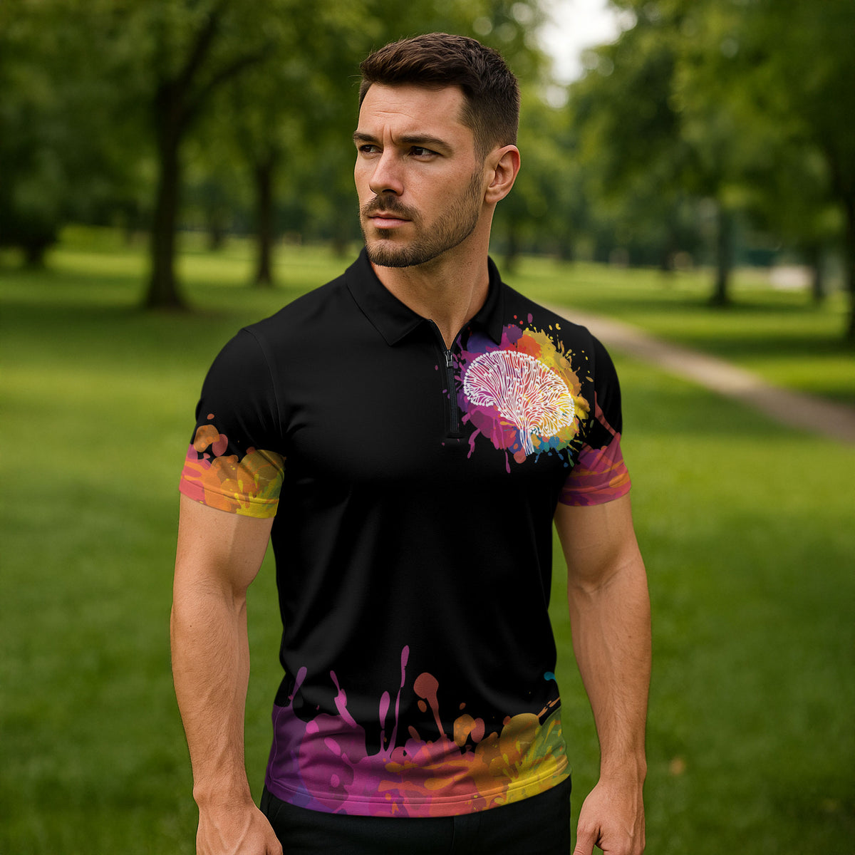 Autism Wired Differently Colors Splash Zipper Polo Shirt