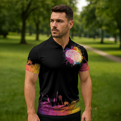 Autism Wired Differently Colors Splash Zipper Polo Shirt