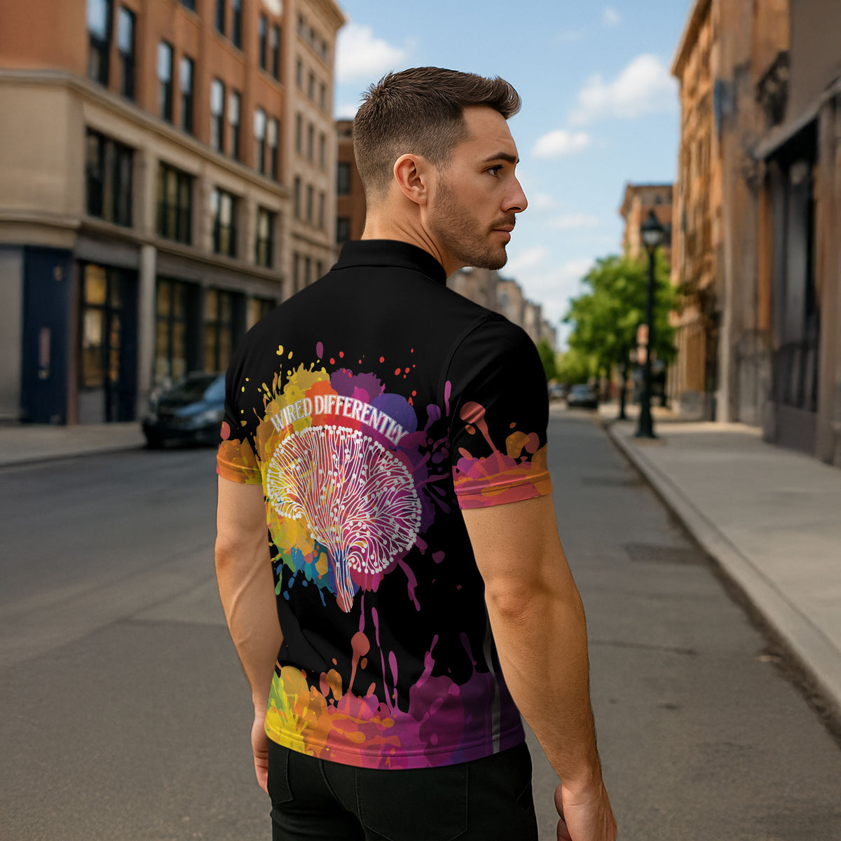 Autism Wired Differently Colors Splash Zipper Polo Shirt