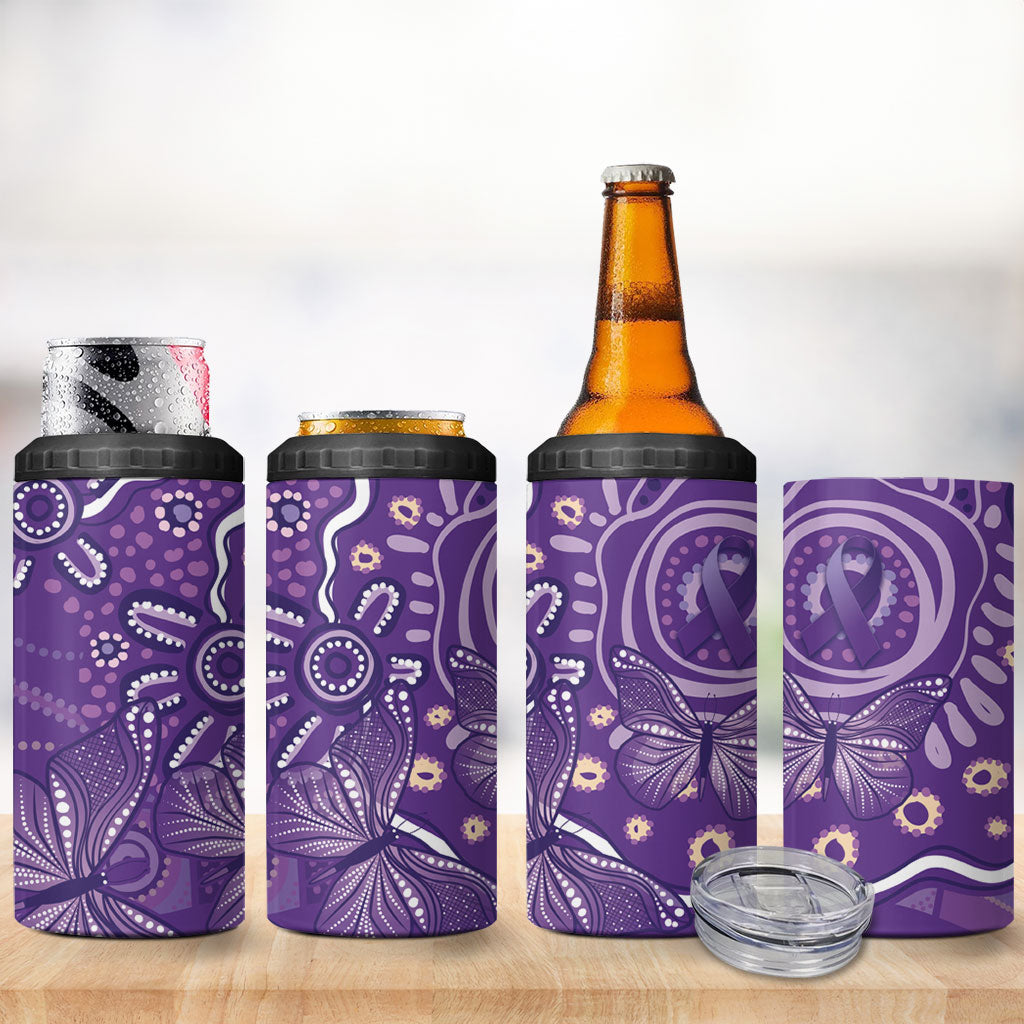 Australia Lupus Day Indigenous 4 in 1 Can Cooler Tumbler Purple Ribbon Aboriginal Butterflies