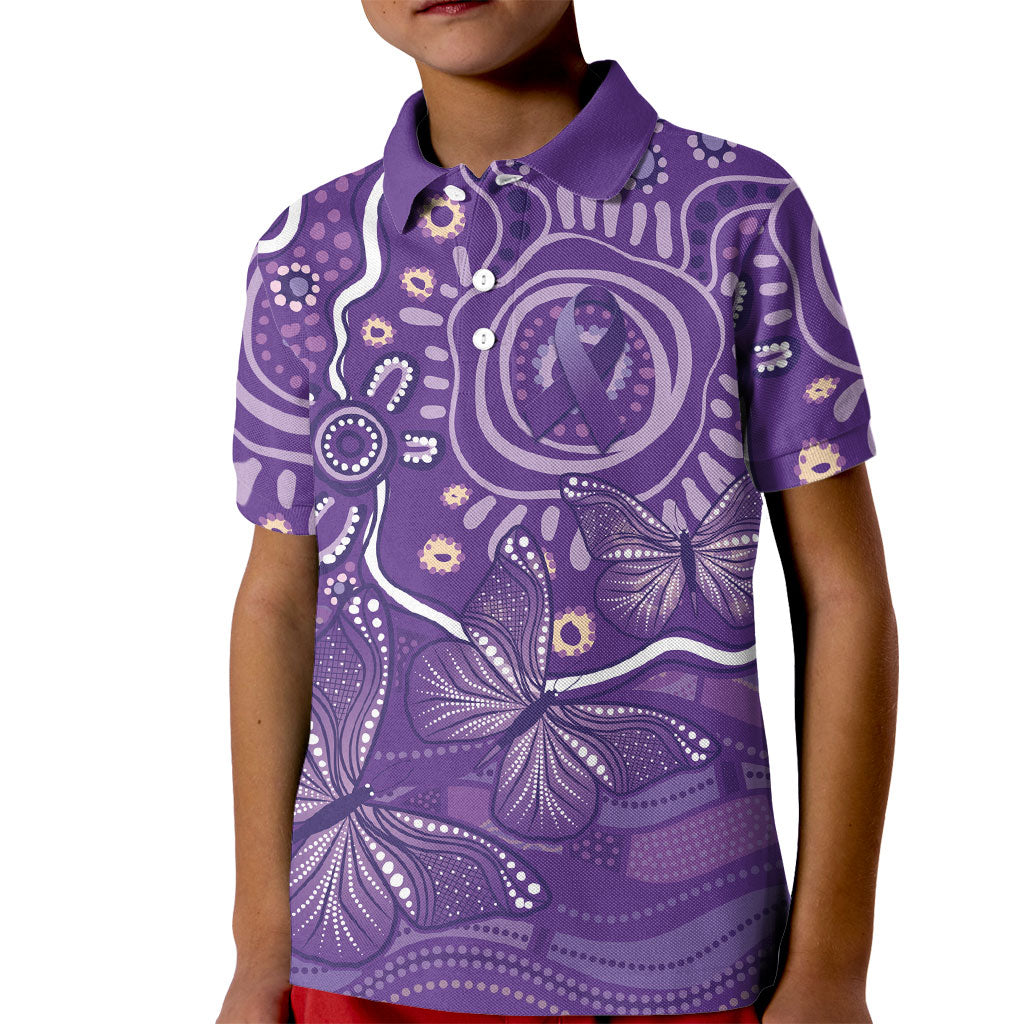 Australia Lupus Day Indigenous Kid Polo Shirt Purple Ribbon Aboriginal Butterflies