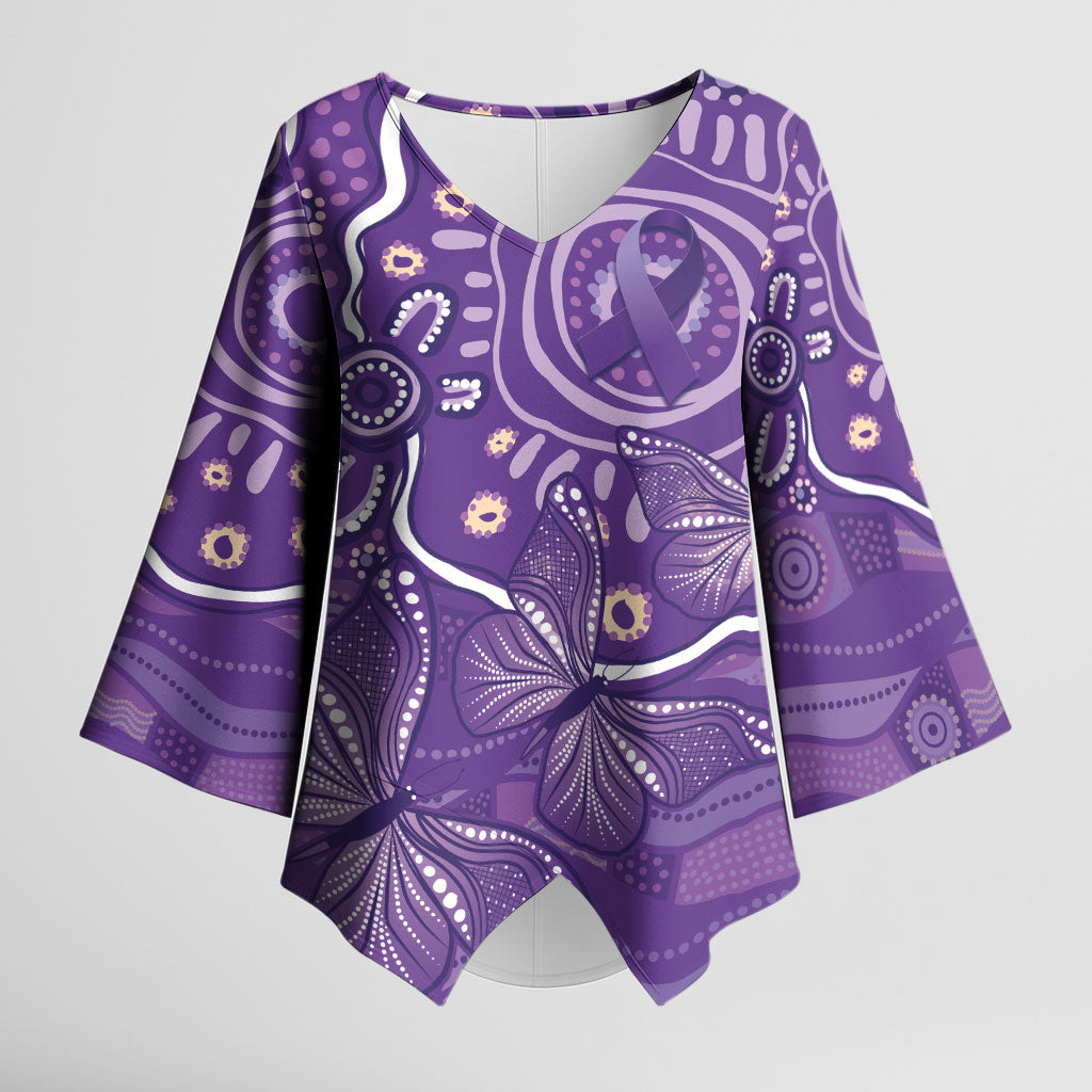 Australia Lupus Day Indigenous Kimono Sleeve Blouse Purple Ribbon Aboriginal Butterflies