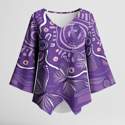 Australia Lupus Day Indigenous Kimono Sleeve Blouse Purple Ribbon Aboriginal Butterflies