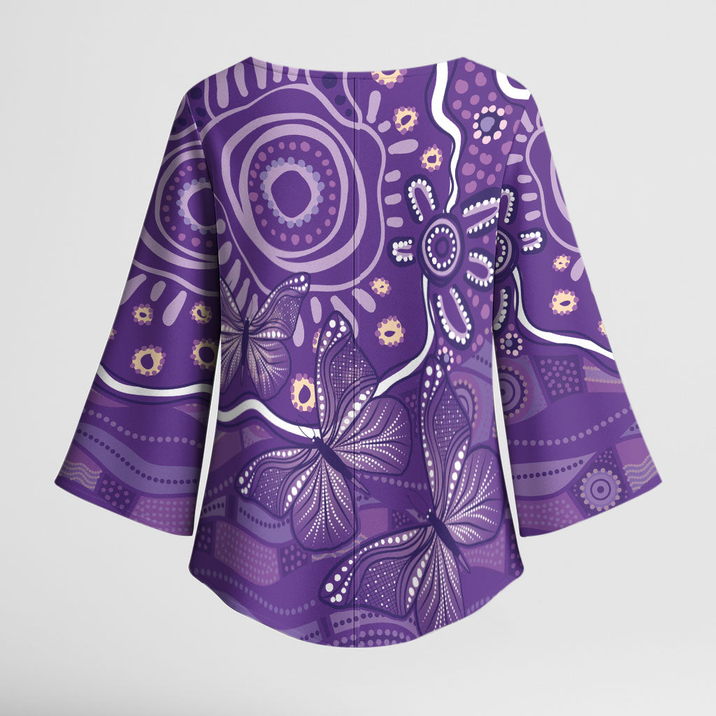 Australia Lupus Day Indigenous Kimono Sleeve Blouse Purple Ribbon Aboriginal Butterflies